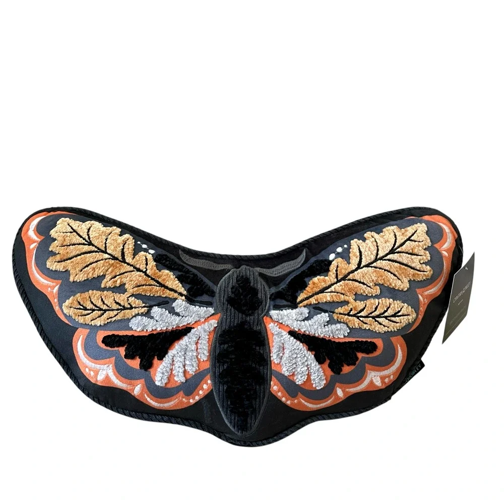 Cynthia Rowley Embroidered Moth Pillow 9x18 Chic Halloween Decor New